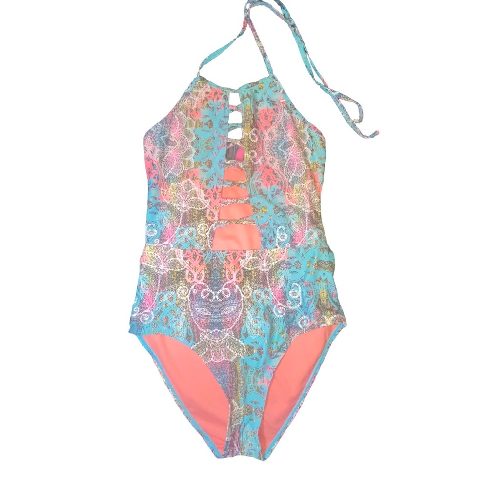 YMI Blue and Pink One Piece Swimwear with Artistic Design